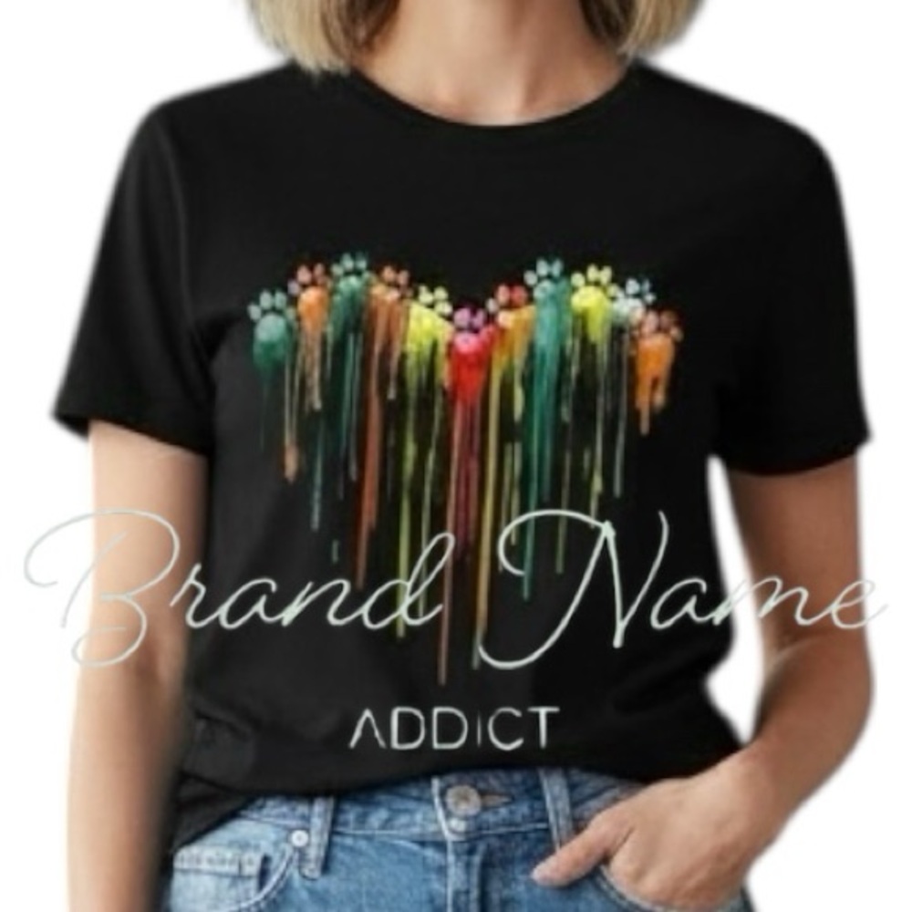 PRICE IS FIRM - Animal Paw Print Rainbow Drip 100% Cotton Black Short Sleeve Tee